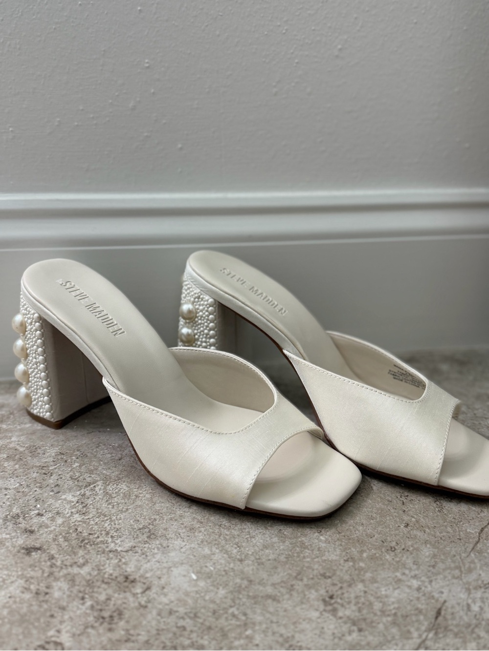 Steven By Steve Madden Ivory Pearl-Embellished Block Heel Mules